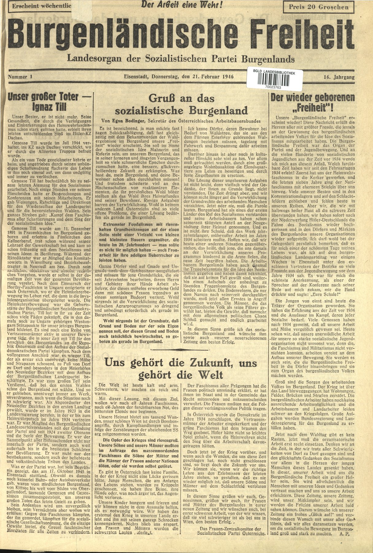 NR. 1, 21.02.1946 Die erste Nachkriegsausgabe